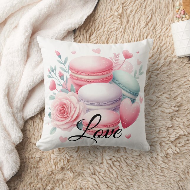Cute Pink and White Macaron & Hearts Love Cushion (Blanket)