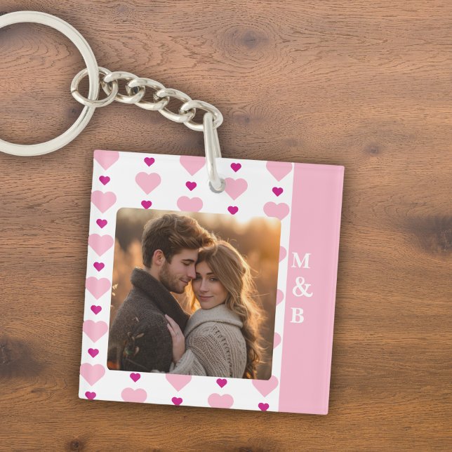 Cute Pink and White Photo Couple Monogram Key Ring (Cute Monogramed Pink Hearts Photo Keychain )