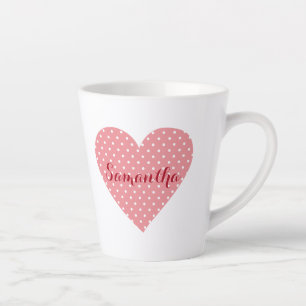 Cute pink and white polka dot heart latte mug