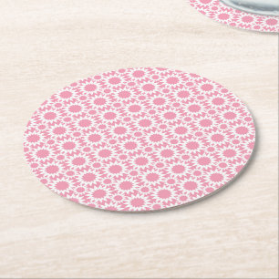 Cute Pink and White Star Flower Pattern Round Paper Coaster