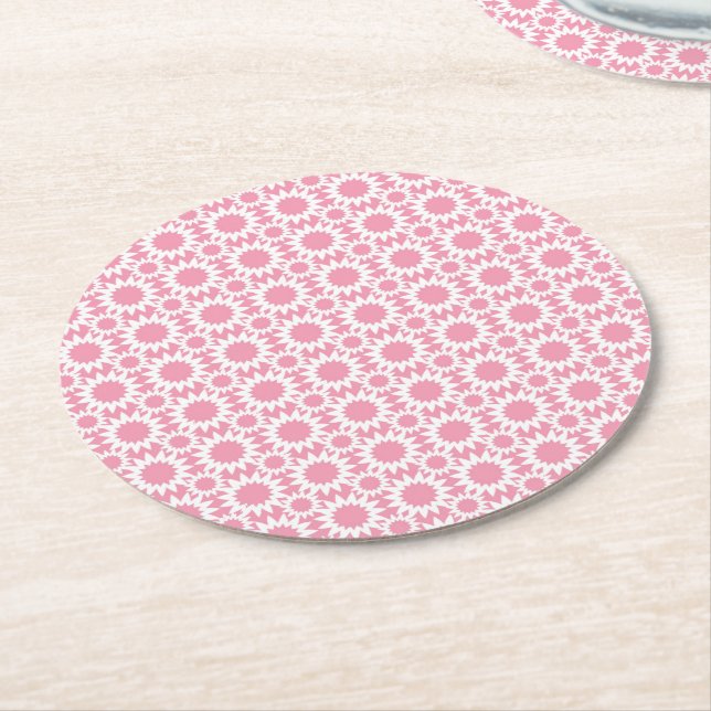 Cute Pink and White Star Flower Pattern Round Paper Coaster (Angled)