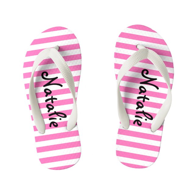 Cute Pink and White Stripe Personalised Kid's Flip Flops (Footbed)