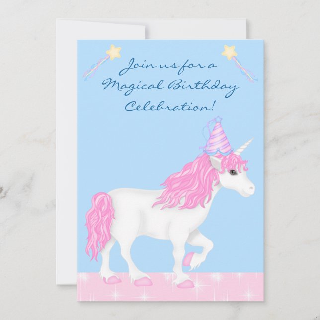 Cute Pink and White Unicorn Girls Magical Birthday Invitation (Front)