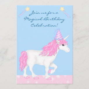 Cute Pink and White Unicorn Girls Magical Birthday Invitation