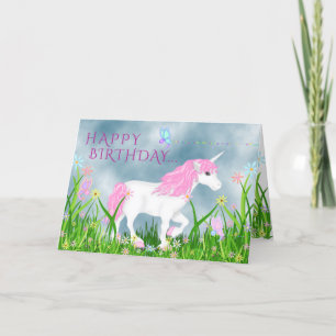 Cute Pink and White Unicorn with Flowers Birthday Card