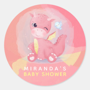 Cute Pink and Yellow Dinosaur Baby Shower  Classic Round Sticker