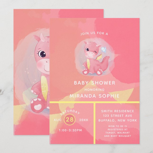 Cute Pink and Yellow Dinosaur Girl Baby Shower Invitation (Front/Back)