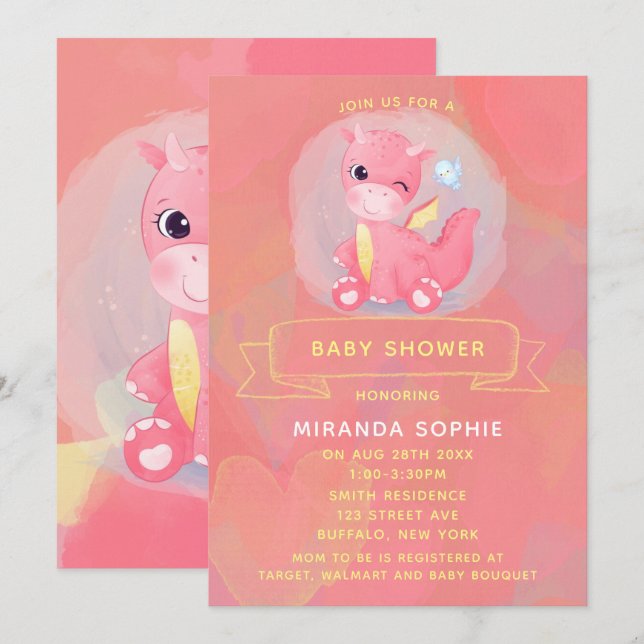 Cute Pink and Yellow Dinosaur Girl Baby Shower Invitation (Front/Back)