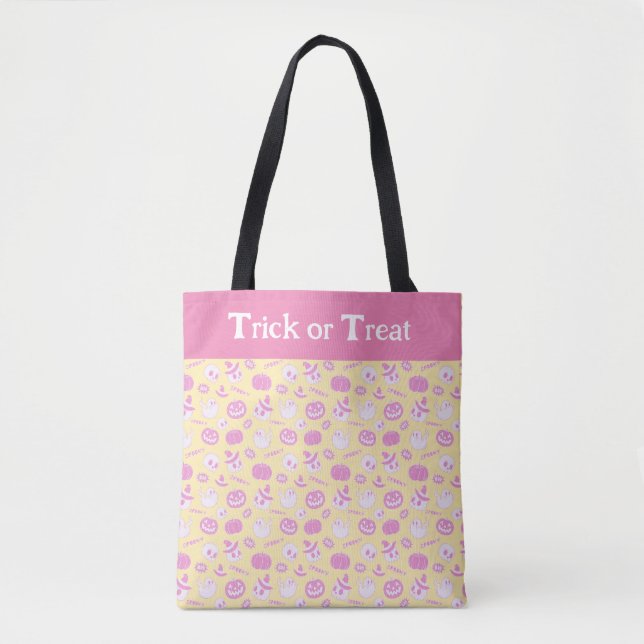 Cute Pink and Yellow Trick or Treat Halloween Tote Bag (Front)