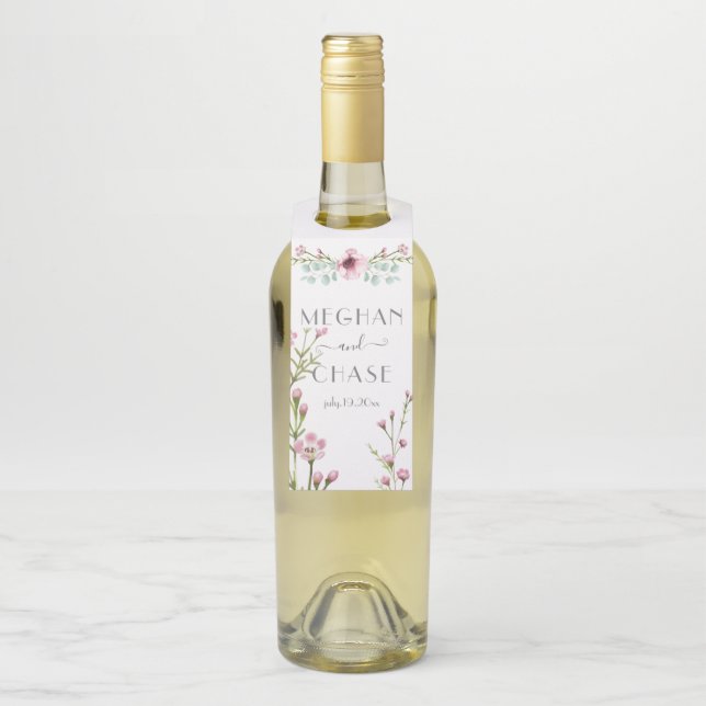 Cute Pink Anemone Flowers and Eucalyptus Bottle Tag (On Bottle)