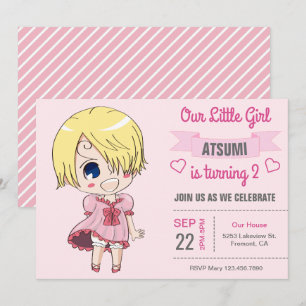 Cute Pink Anime Girl Birthday Party Invitation