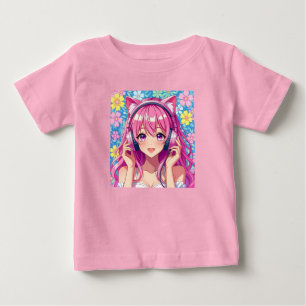 Cute Pink Anime Girl with Headphones Baby T-Shirt
