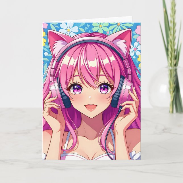 Cute Pink Anime Girl with Headphones Birthday Card (Front)