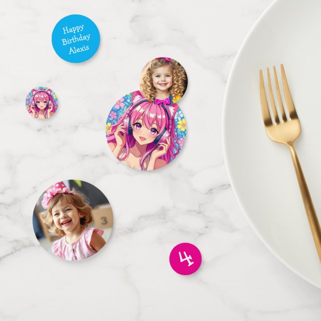 Cute Pink Anime Girl with Headphones Birthday Confetti (Group)