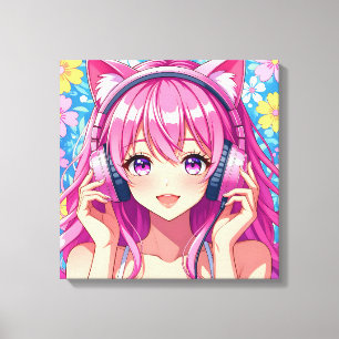 Cute Pink Anime Girl with Headphones Canvas Print