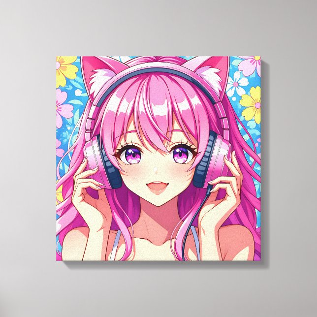 Cute Pink Anime Girl with Headphones Canvas Print (Front)