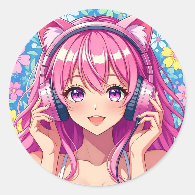 Cute Pink Anime Girl with Headphones Classic Round Sticker (Front)