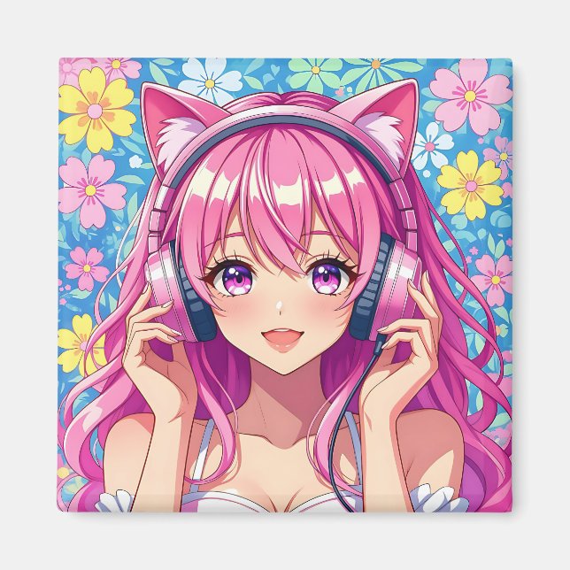 Cute Pink Anime Girl with Headphones Magnet (Front)