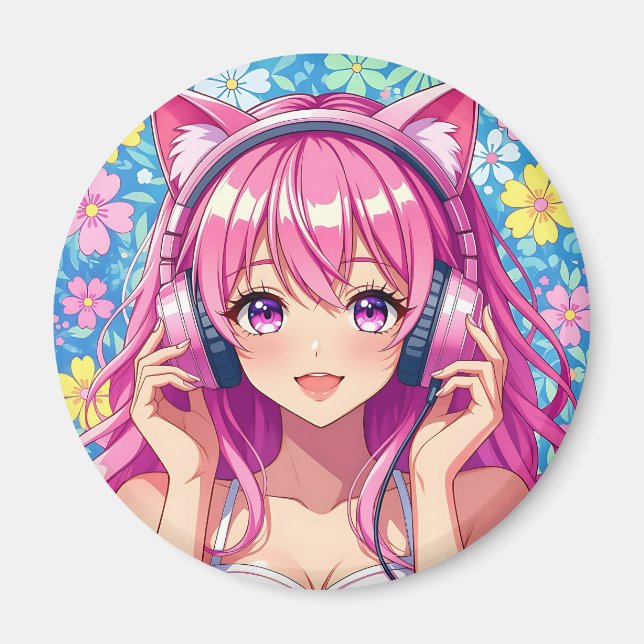 Cute Pink Anime Girl with Headphones Magnet (Front)