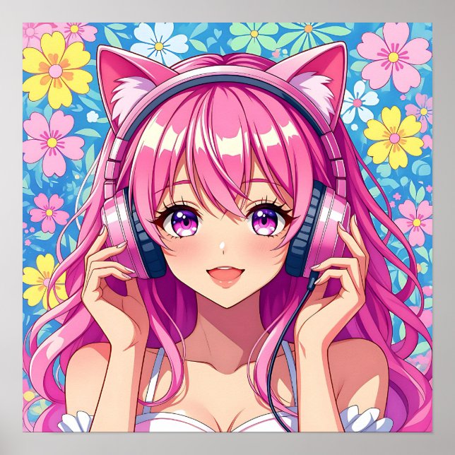 Cute Pink Anime Girl with Headphones Poster (Front)