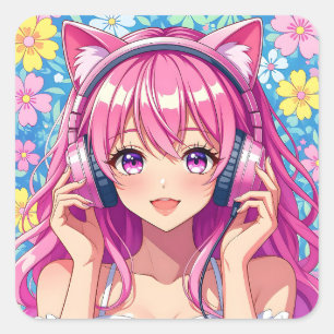 Cute Pink Anime Girl with Headphones Square Sticker