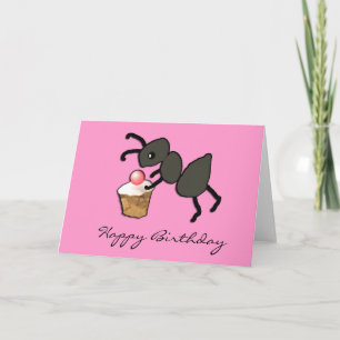 Cute Pink Ant and Cupcake Birthday Card