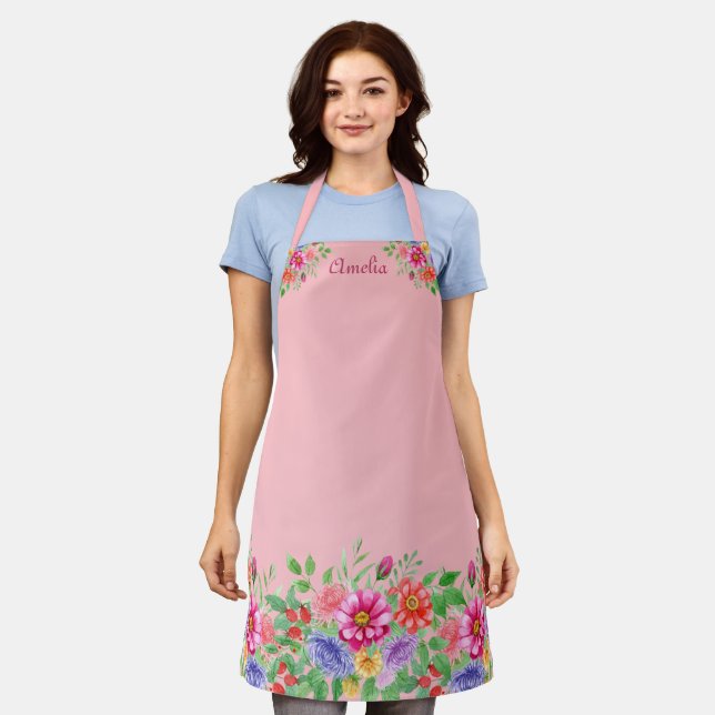 Cute Pink Apron with Watercolor Flowers  (Worn)