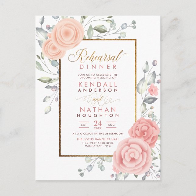 Cute Pink Aquarelle Blooms Floral Rehearsal Dinner Invitation Postcard (Front)
