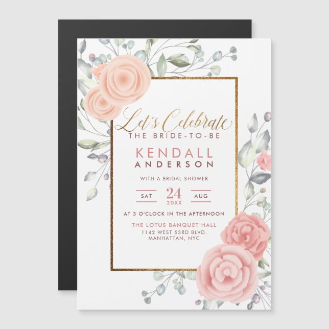 Cute Pink Aquarelle Blooms Spring Bridal Shower Magnetic Invitation (Front/Back)