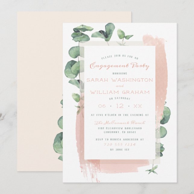 Cute Pink Aquarelle Brush Floral Engagement Party Invitation (Front/Back)