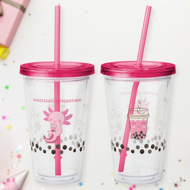 Cute Pink Axolotl Boba Tea Acrylic Tumbler (Creator Uploaded)