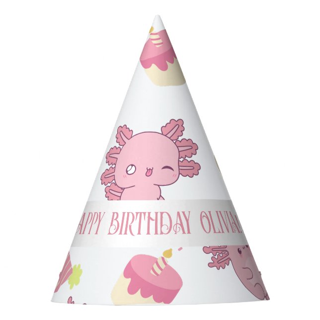 Cute Pink Axolotl Cartoon Kids Birthday  Party Hat (Front)