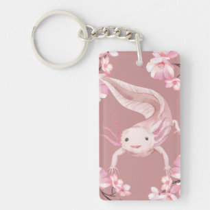 Cute Pink Axolotl & Cherry Blossom Keychain