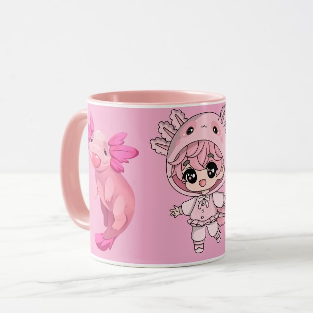 Cute Pink Axolotl Kawaii Chibi Girl Coffee Mug (Front Left)
