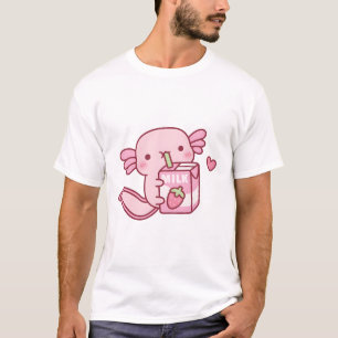 Cute Pink Axolotl Loves Strawberry Milk  T-Shirt