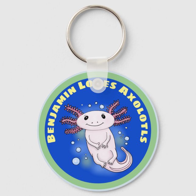 Cute pink axolotl on blue bubbles pet cartoon key ring (Front)