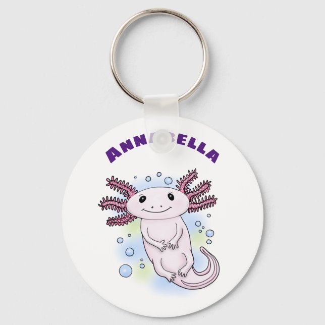 Cute pink axolotl on blue bubbles pet cartoon key ring (Front)
