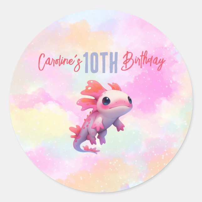 Cute Pink Axolotl Pastel Rainbow Girl Birthday Classic Round Sticker (Front)