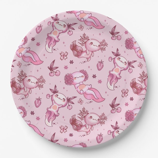 Cute Pink Axolotl Pattern Kawaii Animal Girls Paper Plate (Front)