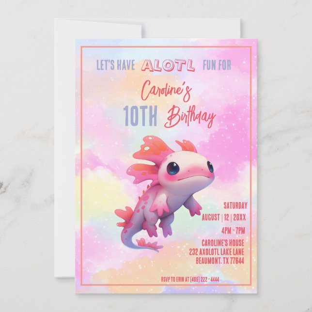 Cute pink axolotl rainbow girl underwater birthday invitation (Front)