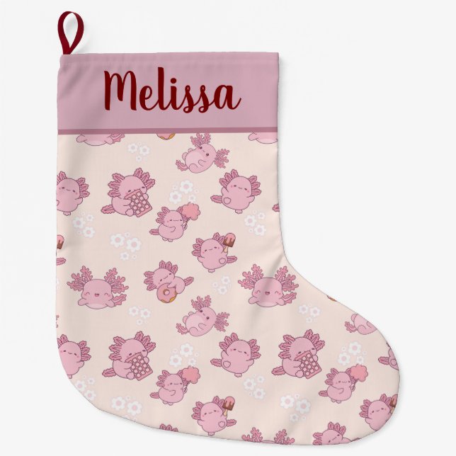 Cute  pink axolotls Christmas stoking Large Christmas Stocking (Front)