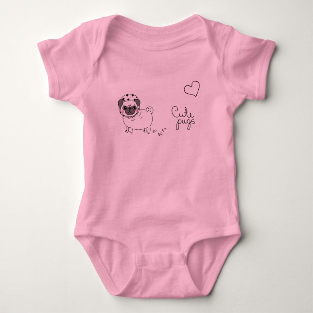 cute pink baby bodysuit with pug (Front)