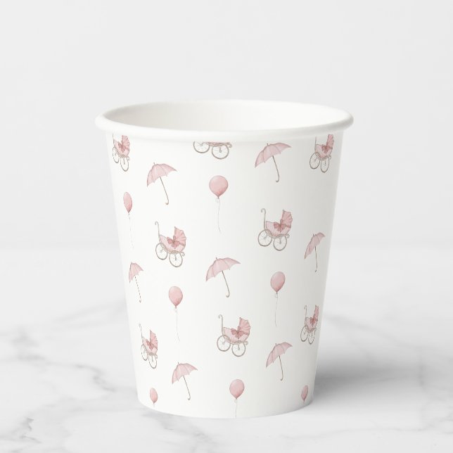 Cute Pink Baby Buggy Baby Shower Paper Cups (Front)