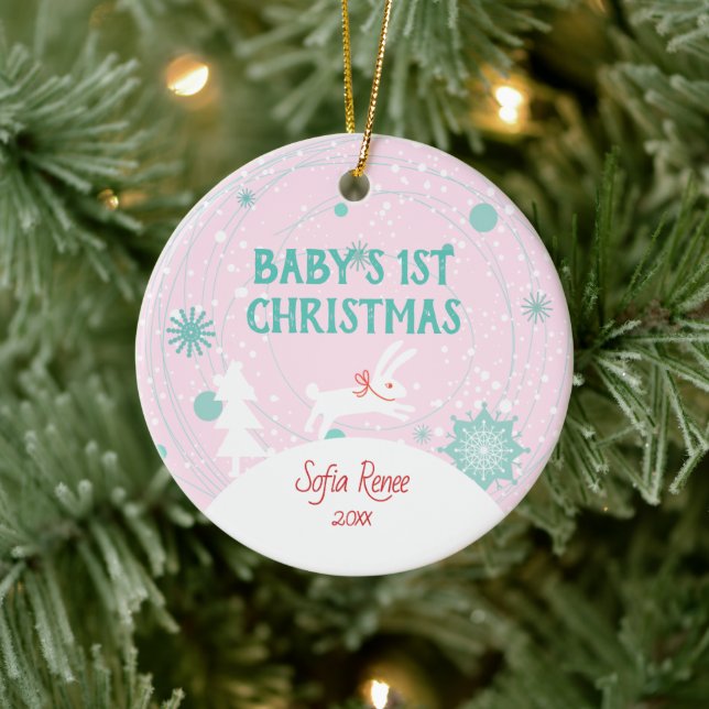 Cute Pink Baby Bunny 1st Christmas Personalized Ceramic Tree Decoration (Tree)