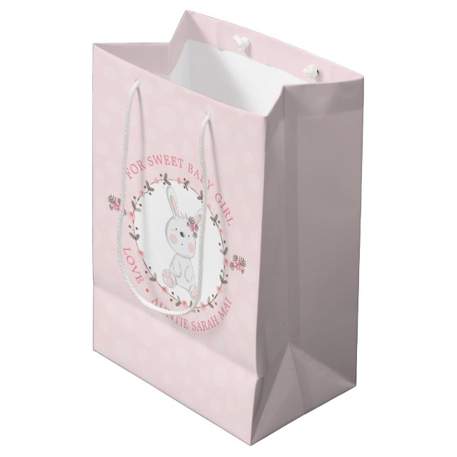 Cute Pink Baby Bunny Floral Wreath Personalised Medium Gift Bag (Front Angled)