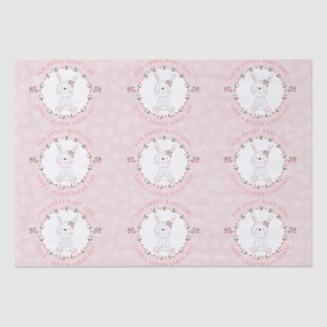Cute Pink Baby Bunny Floral Wreath Personalised  Tissue Paper (Front)