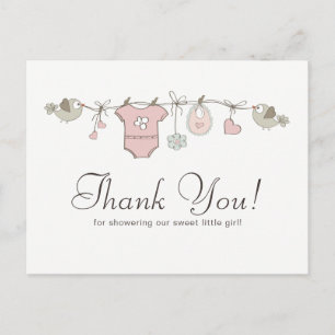 Cute Pink Baby Clothesline Baby Shower Thank You Postcard