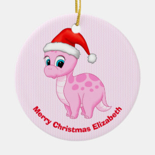 Cute Pink Baby Dinosaur with Santa Hat Ceramic Tree Decoration