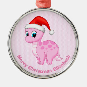 Cute Pink Baby Dinosaur with Santa Hat Metal Tree Decoration
