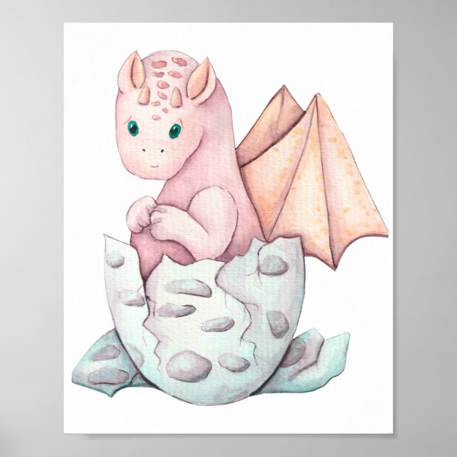 Cute Pink Baby Dragon Hatching Art  Poster (Front)